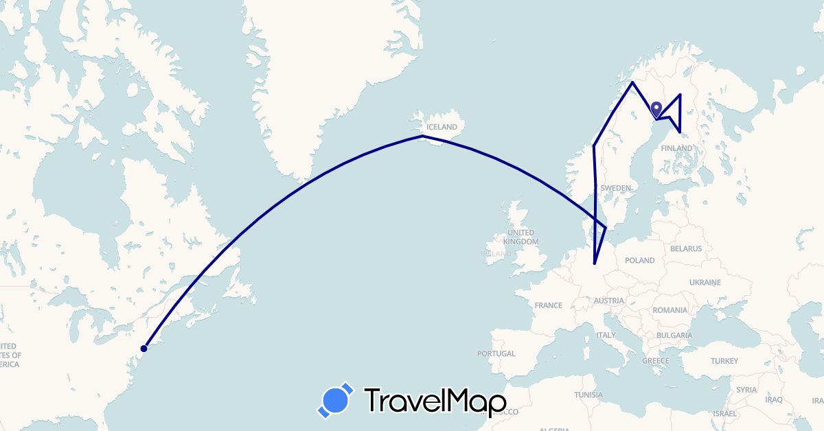 TravelMap itinerary: driving in Germany, Denmark, Finland, Iceland, Norway, Sweden, United States (Europe, North America)